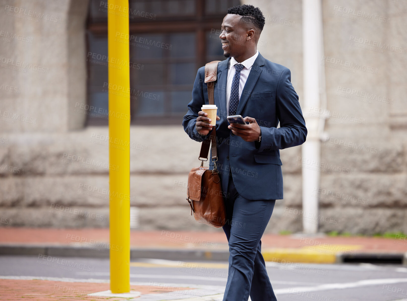 Buy stock photo Cell phone, walk and black man in city for work commute, social media and networking in town. Travel, professional and male worked in road with coffee, smartphone and internet for texting and sms