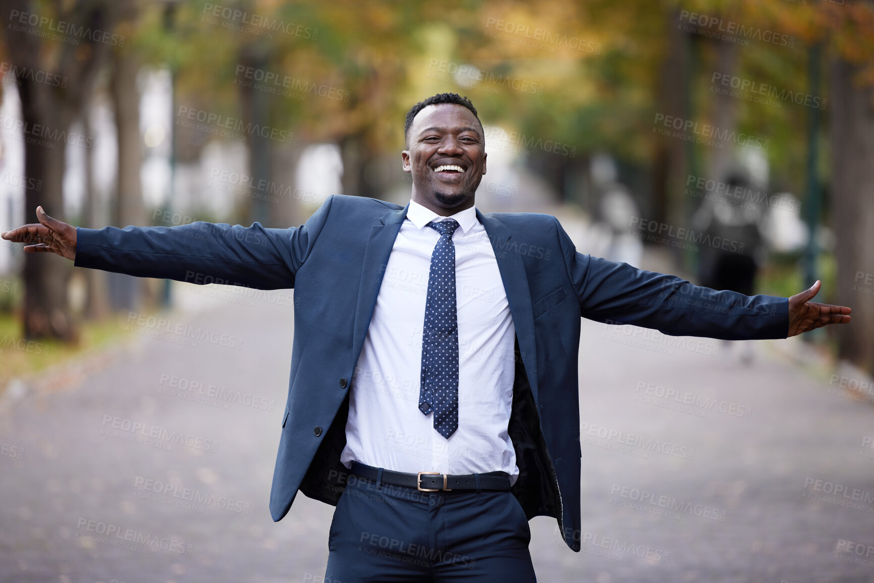 Buy stock photo Happy, businessman and hands with celebration in street for promotion, winner or good news. Excited, lawyer and black man with gratitude in road for opportunity, achievement and success in legal case