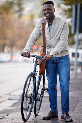 Buy stock photo Happy, black businessman and bike for travel to work outdoor in the city with leather bag. Male person and employee with bicycle for sustainable transportation or eco friendly commute to office