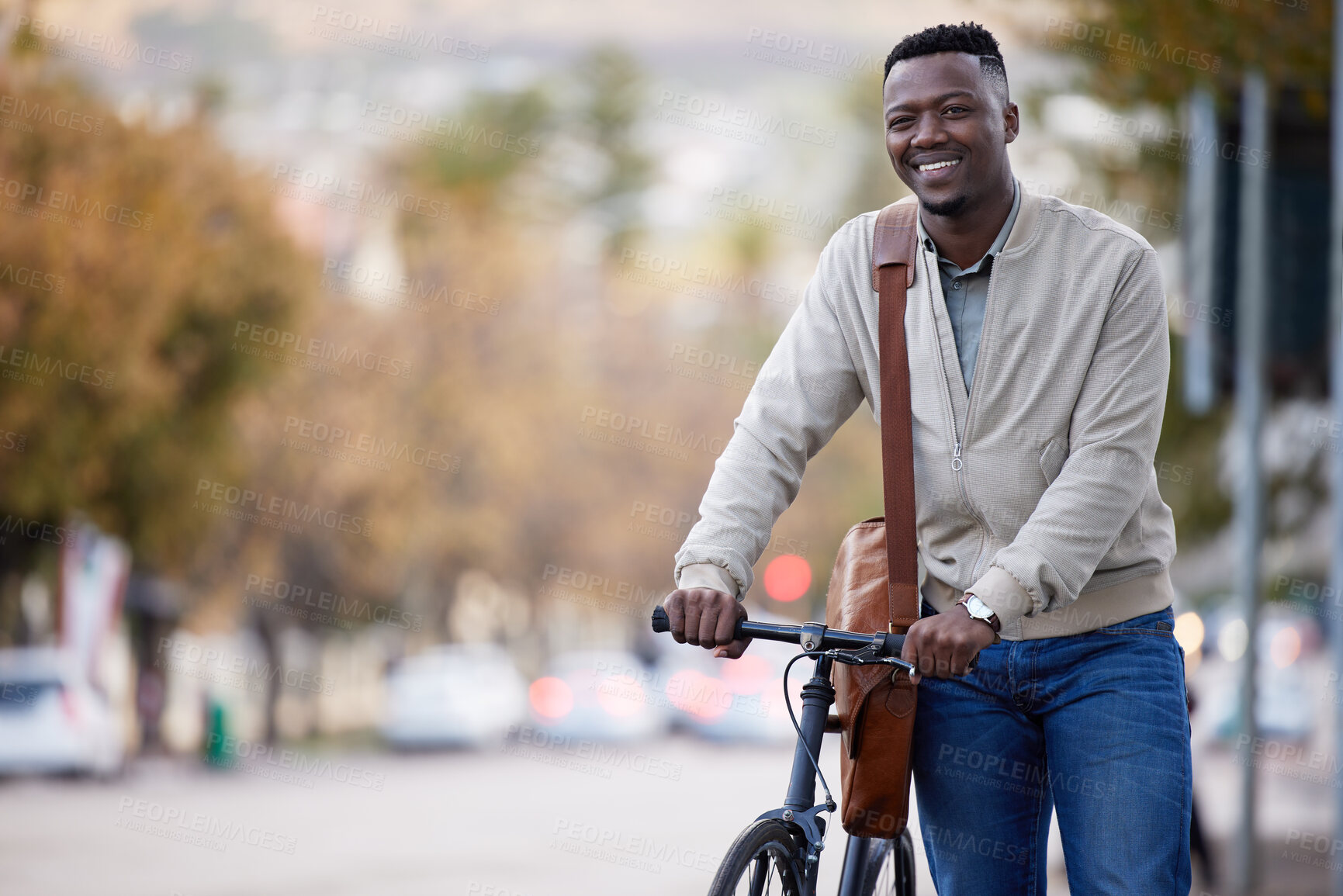Buy stock photo Happy, businessman and bike for eco friendly transportation and commute to work in the city. Black man, bicycle and leather bag for sustainable travel with carbon neutral alternative on urban street