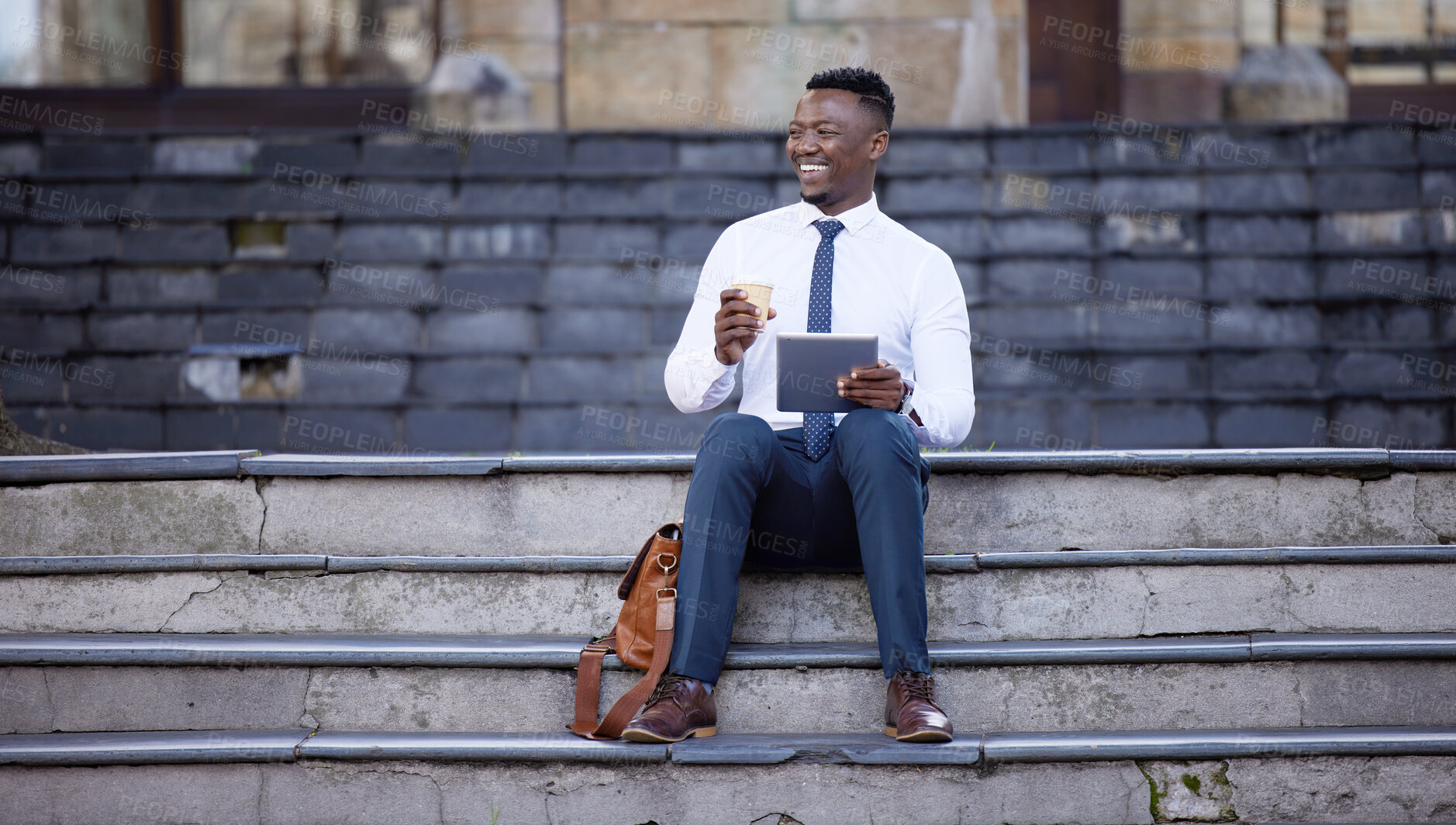 Buy stock photo Thinking, business and black man on tablet in city for research, social media or salesman reading email on steps. Tech, coffee drink and happy professional outdoor with idea, planning or laughing