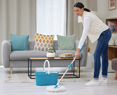 Buy stock photo Woman, mop and smile on cleaning floor with home for hygiene, housekeeping and routine. Female person, household and happy with water bucket on day off for chores, fresh in living room or lounge