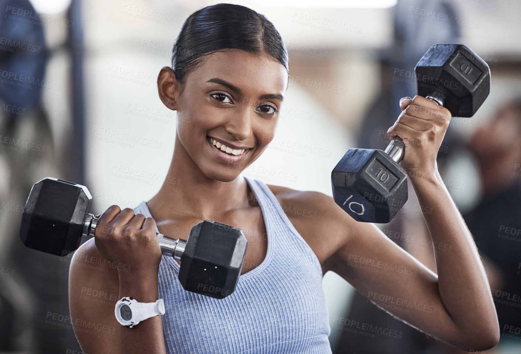 Buy stock photo Portrait of woman in gym, dumbbell and smile for weightlifting, power and muscle at sports club. Balance, fitness and female bodybuilder holding weights and training with health goals and happiness.