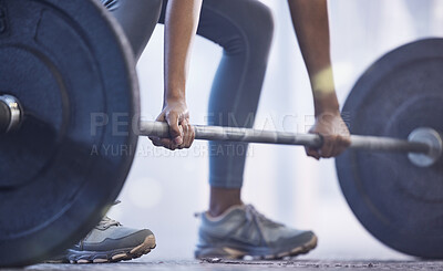 Buy stock photo Gym, woman with barbell for weightlifting and fitness, power and muscle with closeup on hands at sports club. Challenge, zoom and strong female bodybuilder with weights and training with health goals