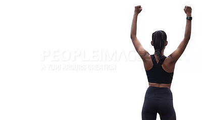 Buy stock photo Woman, victory and champion for fitness or exercise with running and cardio on white background. Back view, workout and active with training for healthy living or wellness, winner and mockup space