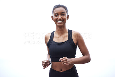 Buy stock photo Portrait of woman, running on sky background and fitness with smile, exercise and clouds on outdoor run. Workout, sports and girl runner with happy face in India with health, wellness and training.