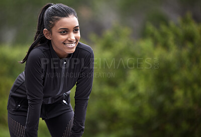 Buy stock photo Outdoor, woman and happy with running break for fitness or exercise in London. Cardio, workout and active with training for healthy living, wellness and morning run for wellbeing, smile and satisfied