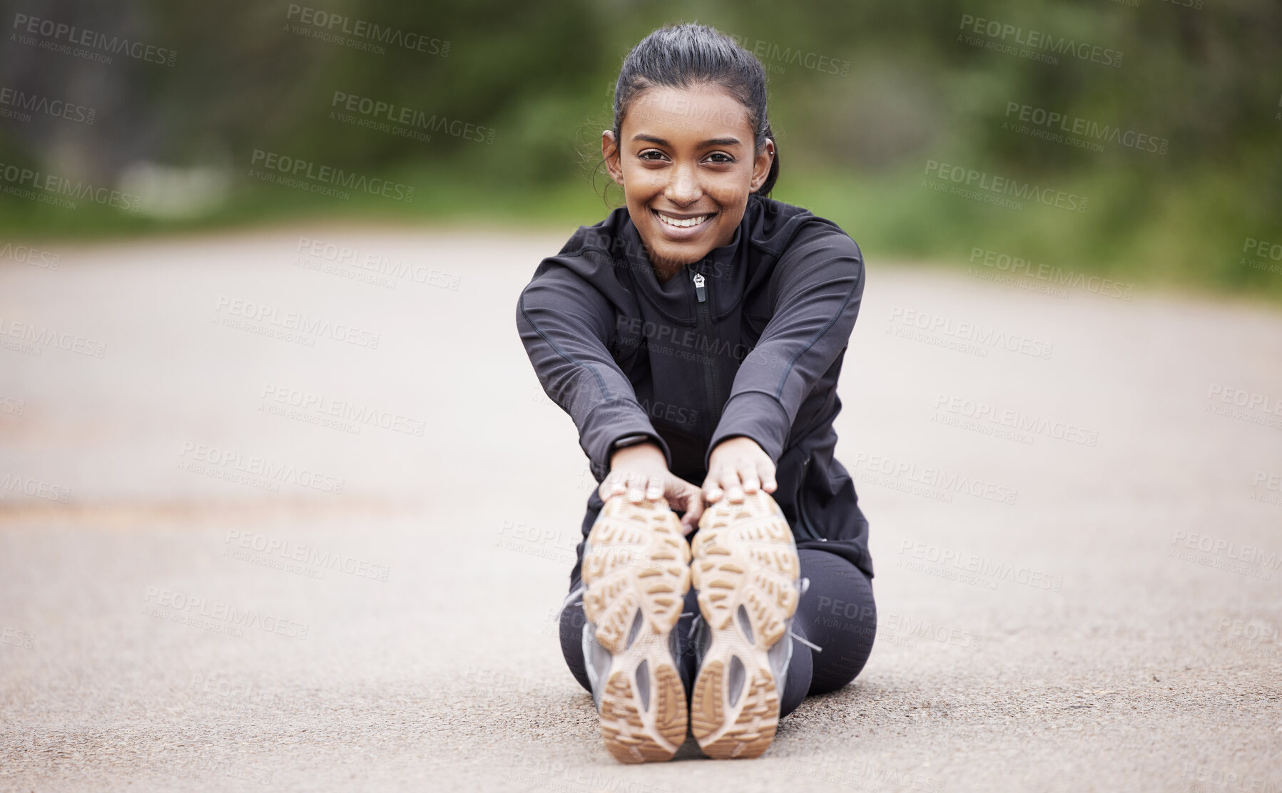 Buy stock photo Nature, portrait of woman stretching legs and warm up, workout motivation and fitness mindset with hands on feet. Focus, commitment and girl on floor, leg stretch for outdoor run and exercise goals.