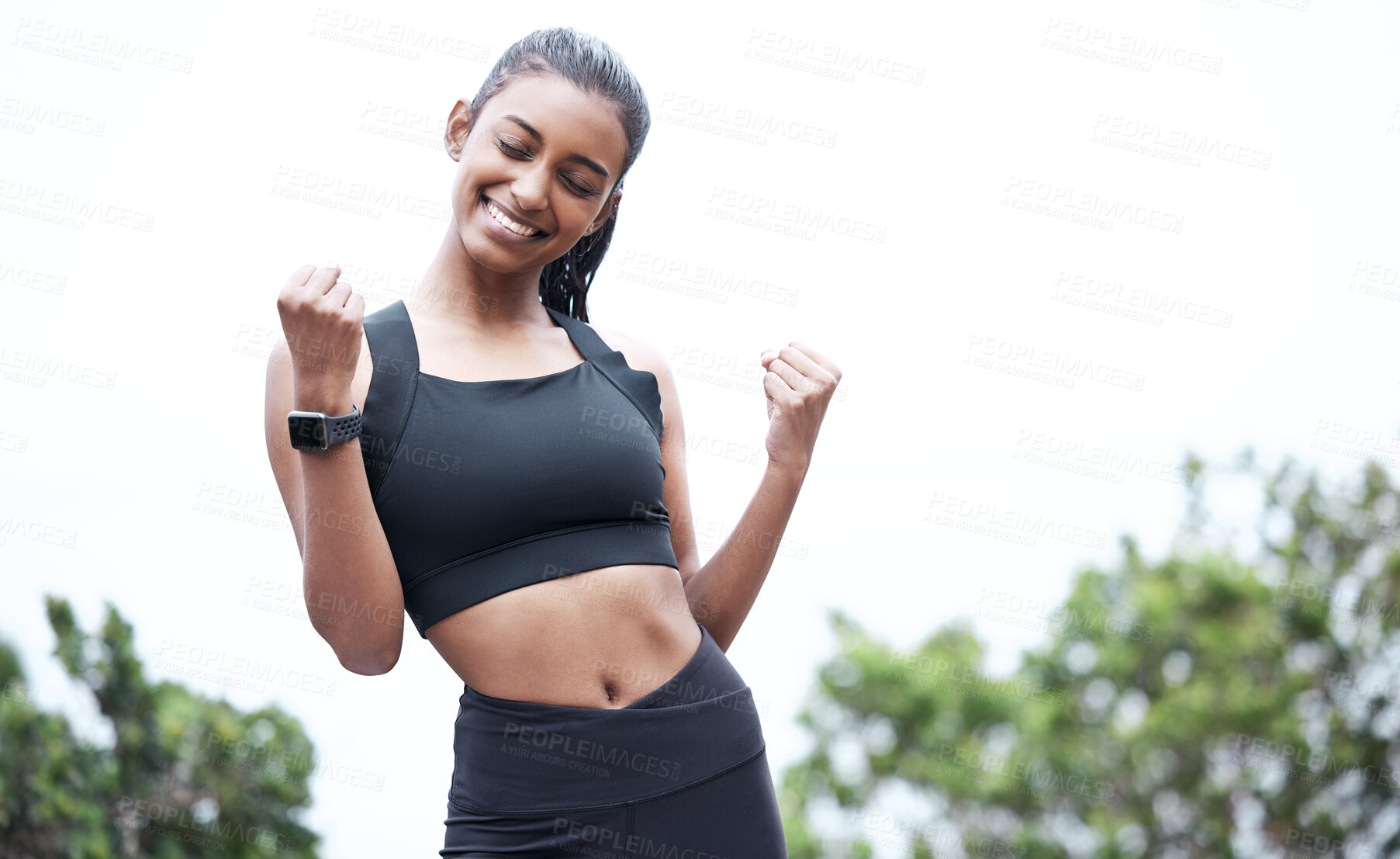 Buy stock photo Outdoor, woman and happy with victory from exercise or workout in with running for fitness, health and win. Female person, cardio and smile with training for wellness, wellbeing and self care