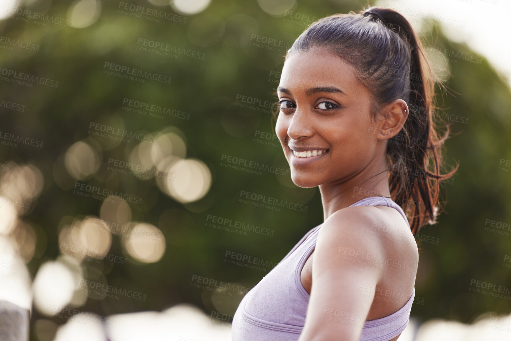 Buy stock photo Woman, smile portrait and fitness outdoor of a Indian female person in park for exercise. Workout, mockup and sport of a runner athlete in nature for health, training and wellness with happiness