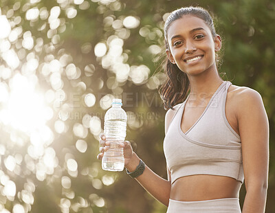 Buy stock photo Fitness, nature and portrait of Indian woman with water for exercise, training and practice. Sports, park and person outdoors for warm up, cardio workout and drink for wellness, hydration and health