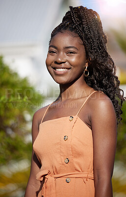 Buy stock photo Fashion, smile and portrait of black woman outdoor with trendy, casual and cool outfit in park. Happy, clothes and face of African female person with dress for style in nature by park or garden.