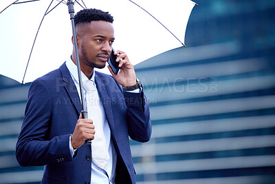 Buy stock photo African business man, phone call and umbrella in city, street and communication on walk, travel and winter. Black businessman, smartphone chat and rain in urban metro, cbd and contact for networking