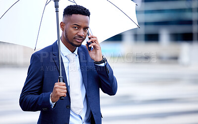 Buy stock photo African business man, phone call and umbrella in portrait, street and communication on walk, travel and winter. Black businessman, smartphone and rain in urban metro, cbd and contact for taxi in road