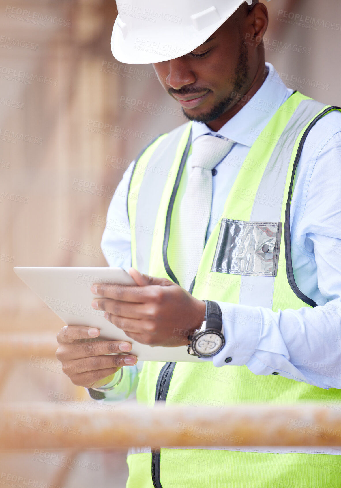 Buy stock photo Tablet, architecture and search with black man on construction site for engineering, building or designer. Maintenance, project and technology with contractor for planning and city infrastructure