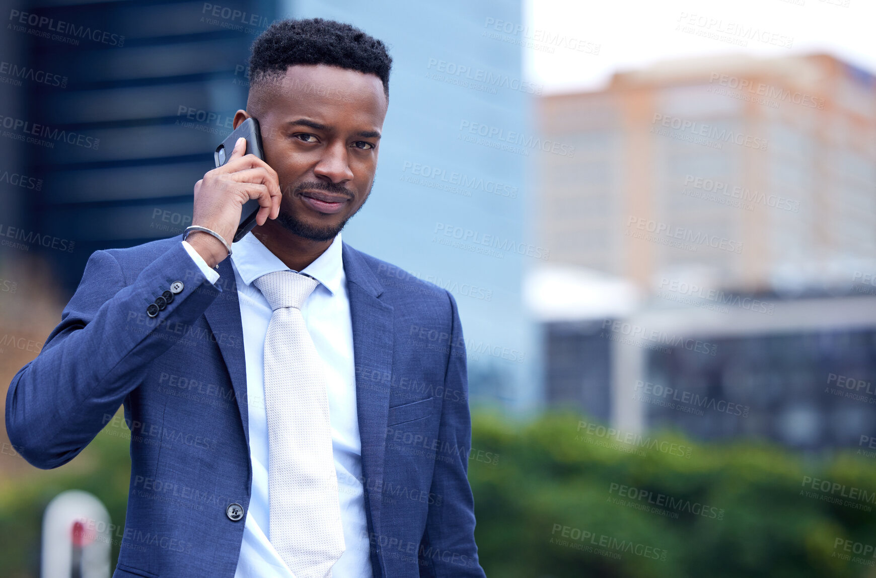 Buy stock photo Business, black person and phone call and portrait in city, employee and communication for networking social media. Conversation, chat and mobile or technology for research, professional or contact