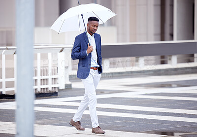 Buy stock photo Business, man and walking and umbrella in rain, outside and financial insurance for safety or security. Assurance, accountability and protection or cover for assets, future and investment for work