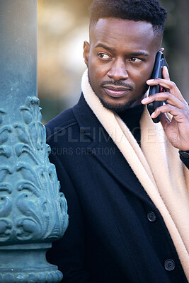 Buy stock photo Phone call, talking and business black man in city for online chat, networking and discussion. Corporate worker, professional and person on smartphone for planning, contact and communication in town