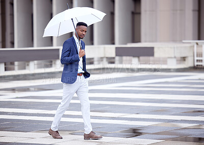 Buy stock photo Business, man and walk with umbrella for finance, outside and financial insurance for safety or security. Assurance, accountability and protection or cover for assets, future and investment for work