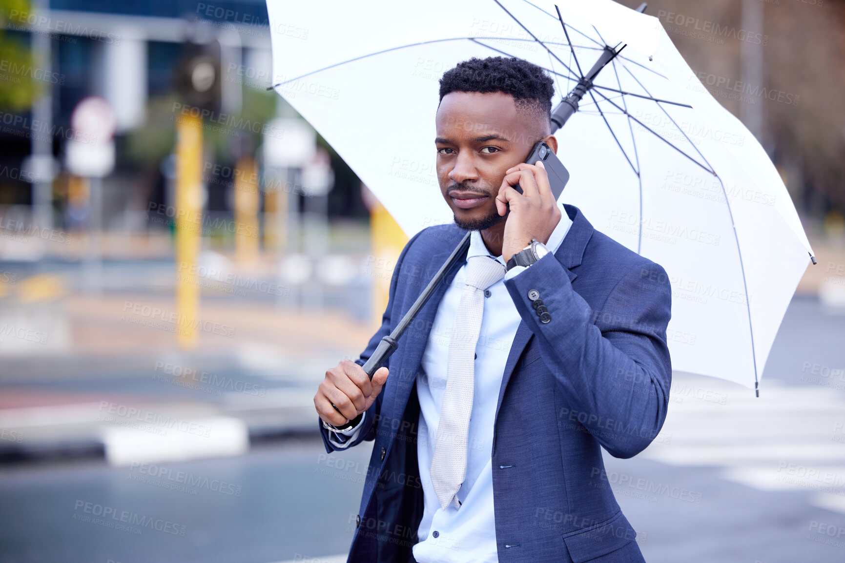 Buy stock photo Business, man and phone call or umbrella for finance , outside and financial insurance for safety or security. Assurance, accountability and protection or cover for assets, future and investment