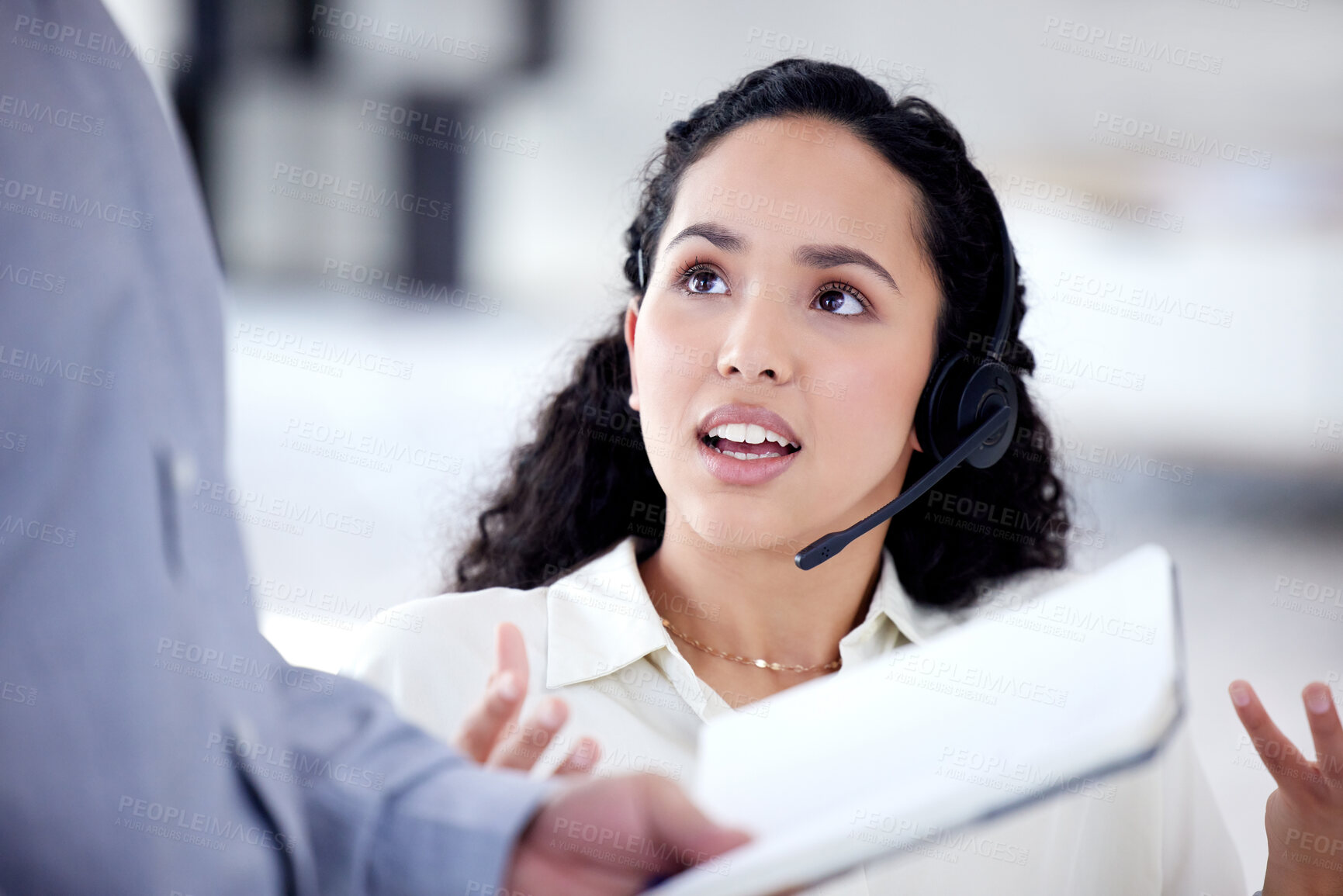 Buy stock photo Customer support, training and business woman with headset for help, advice or assistance in call center office. Contact us, telemarketing and female intern for CRM service, consulting or helpdesk