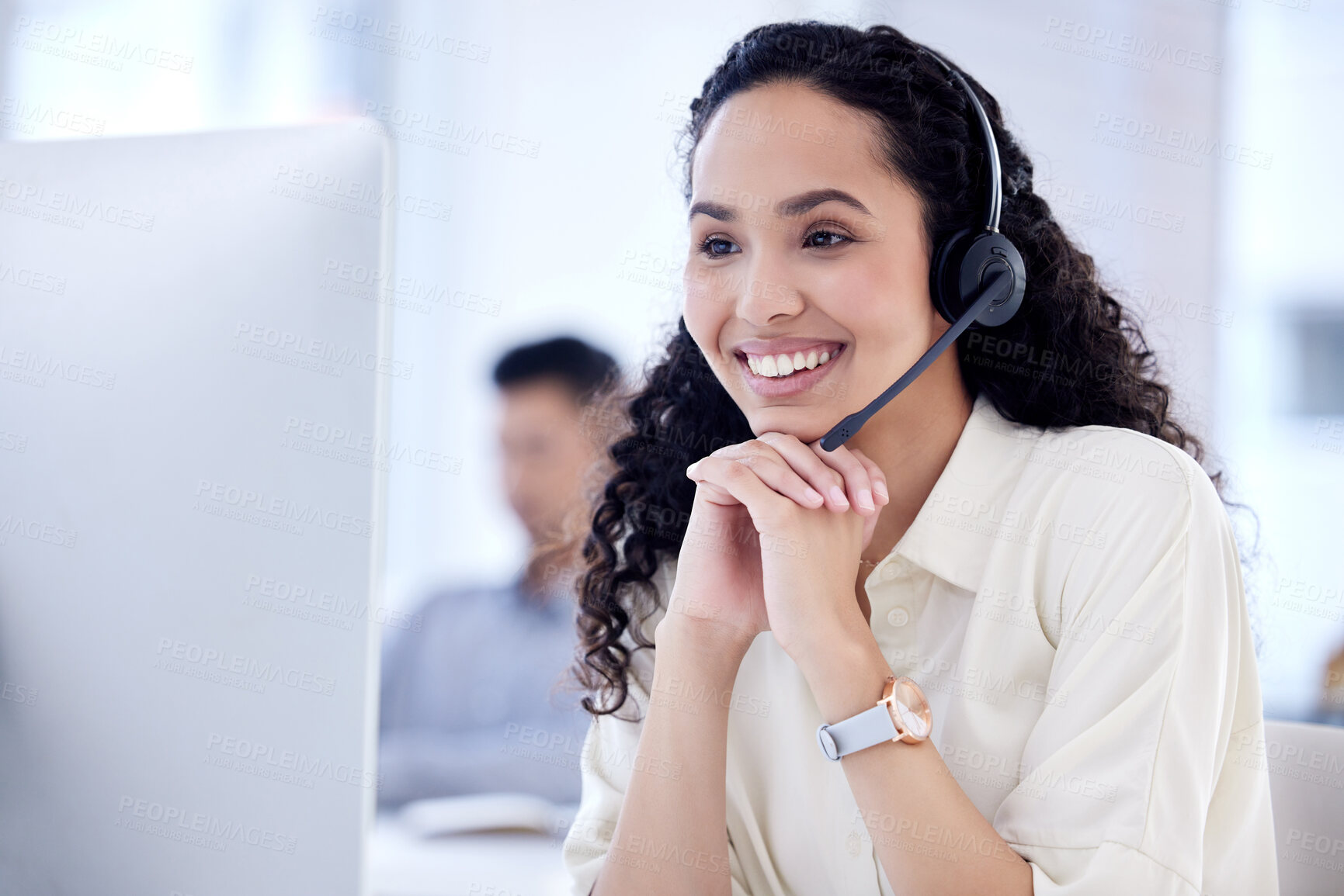 Buy stock photo Smile, call center and business woman on computer for telemarketing, customer service and support. Contact us, crm and female sales agent, professional or consultant listening for help desk advisory