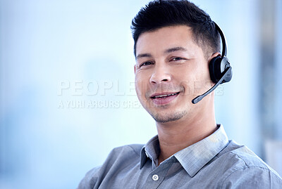 Buy stock photo Portrait, call center and business man smile for telemarketing, customer service and support mockup. Contact us, face and male sales agent, crm professional and consultant from Brazil with job pride.