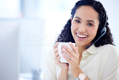 Buy stock photo Portrait, call center and woman with coffee for telemarketing, customer service and support. Contact us, face and smile of female sales agent, crm professional and consultant with tea for business.