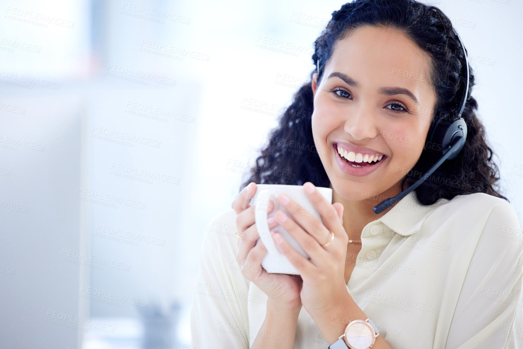 Buy stock photo Portrait, call center and woman with coffee for telemarketing, customer service and support. Contact us, face and smile of female sales agent, crm professional and consultant with tea for business.