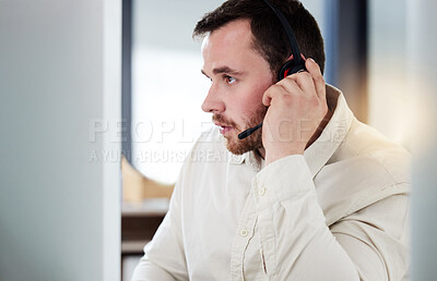 Buy stock photo Man, help and office for technical support in call center with advice, feedback and consultation. Employee, talking and contact us to chat with customer care for problem solving, solution and service