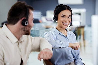 Buy stock photo Call center, elbow bump and contact with team for communication, support and happy with hello and advice. Telemarketing, sales and partnership with CRM, telecom and customer service with greeting