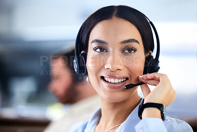 Buy stock photo Customer service, woman with a headset and at her desk in a office at her workplace. Consultant or telemarketing, support or online communication and female call center agent smile at workstation

