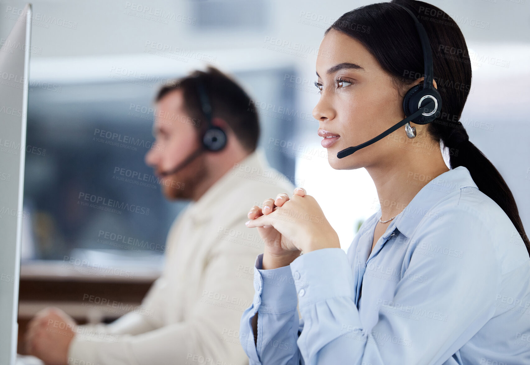 Buy stock photo Headset, listening and woman for customer service in office, workspace and job working in call center for telemarketing career. Contact us, communication or tech support consultant with staff to help