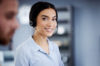 Buy stock photo Woman, portrait and help with technical support at call center with customer care, advice or feedback. Virtual, employee and contact us for problem solving chat and online consultation service