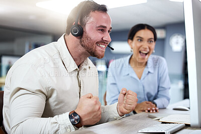 Buy stock photo Call center, team and fist pump for success and winning, excited for sales target and surprise with celebration. Communication, support and contact us, people coworking with bonus or reward in office