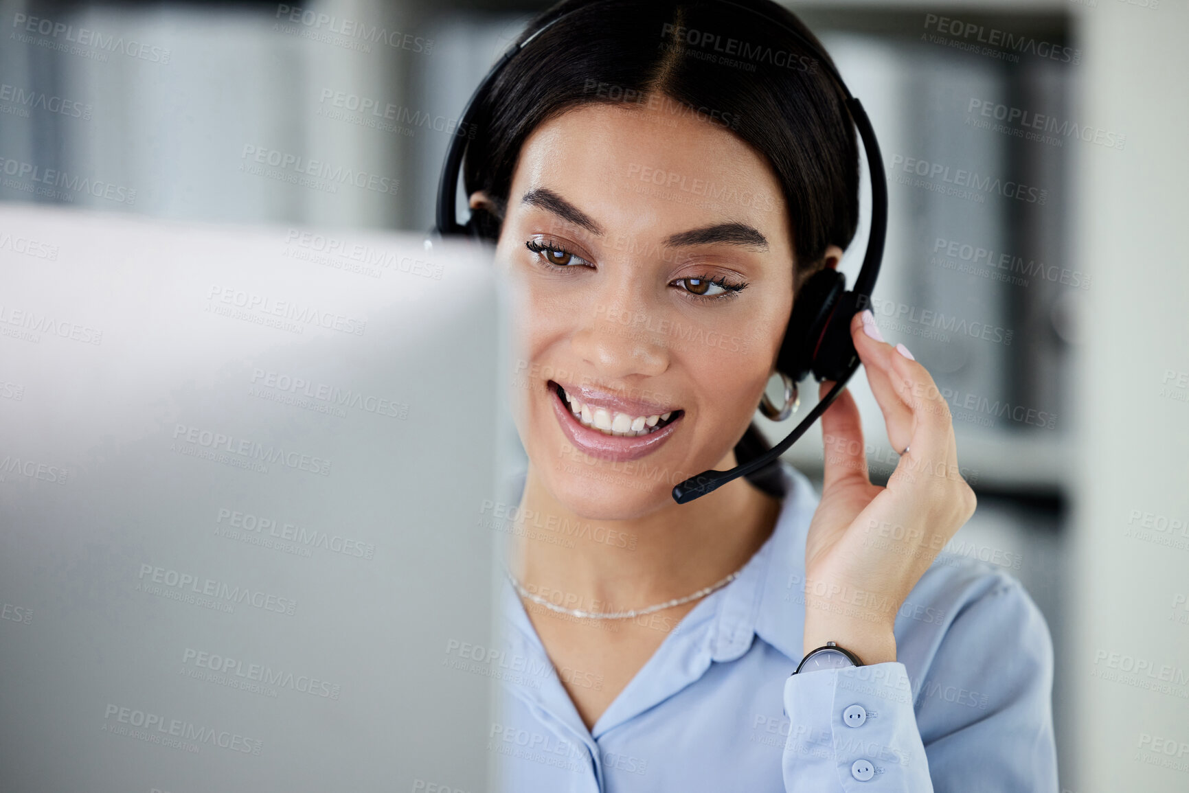 Buy stock photo Customer service, woman with a headset and computer at her desk of her modern office workplace. Online communication or crm, support or telemarketing and female call center agent at her workspace