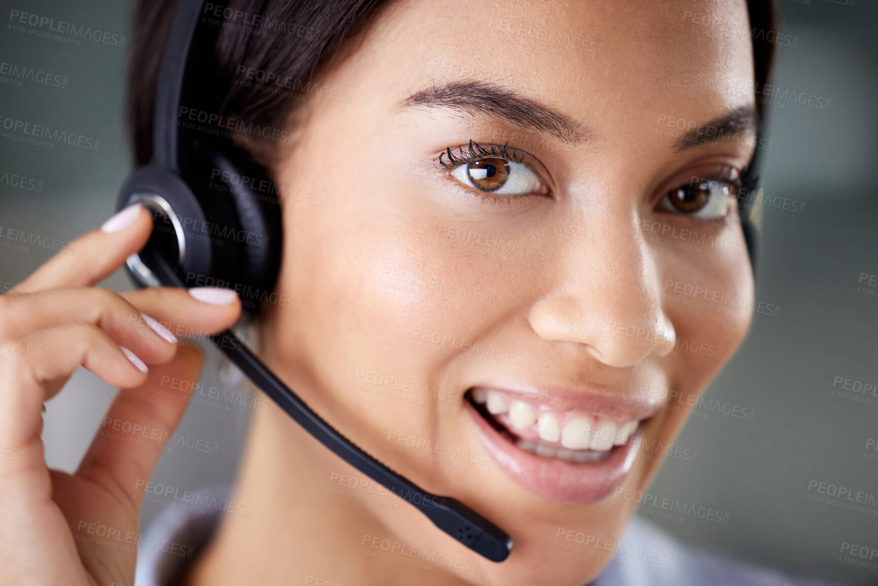 Buy stock photo Callcenter, woman and portrait with headset and mic for communication, CRM and contact us for customer service. Tech support, telemarketing and help desk agent with advice, telecom and professional