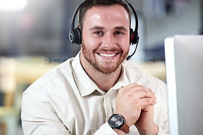 Buy stock photo Customer service, portrait of a man with a headset and computer at his desk in a modern workplace office with smile. Telemarketing or online communication, support or crm and male call center agent