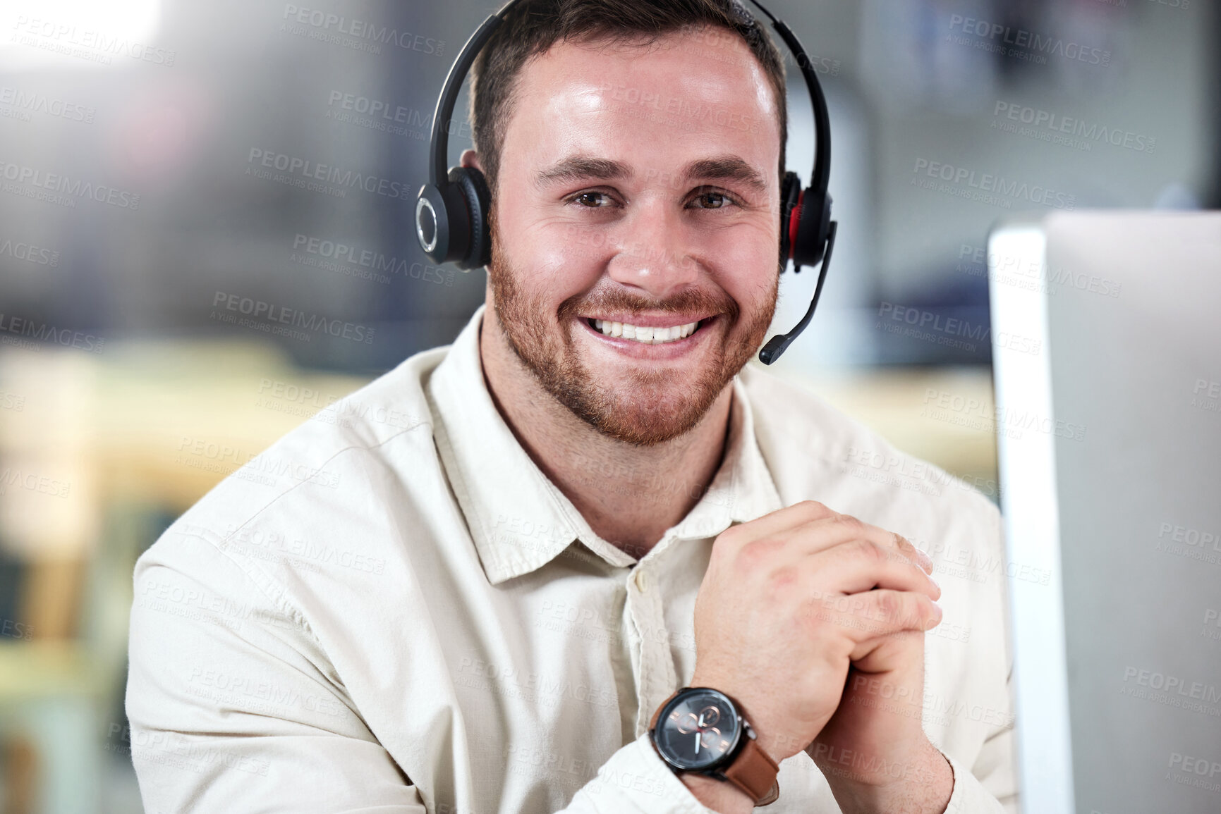 Buy stock photo Customer service, portrait of a man with a headset and computer at his desk in a modern workplace office with smile. Telemarketing or online communication, support or crm and male call center agent