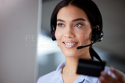 Buy stock photo Face, credit card and woman at call center with computer for e commerce, fintech and banking on the internet. Customer service consultant, finance and personal purchase with online shopping payment