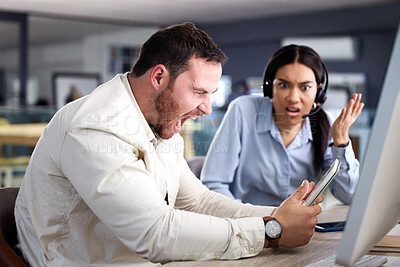 Buy stock photo Man, stress and shout with tablet in office for anger, mental health and noise with woman at call center. People, agent or consultant with employee, touchscreen and scream for mistake, fail or glitch