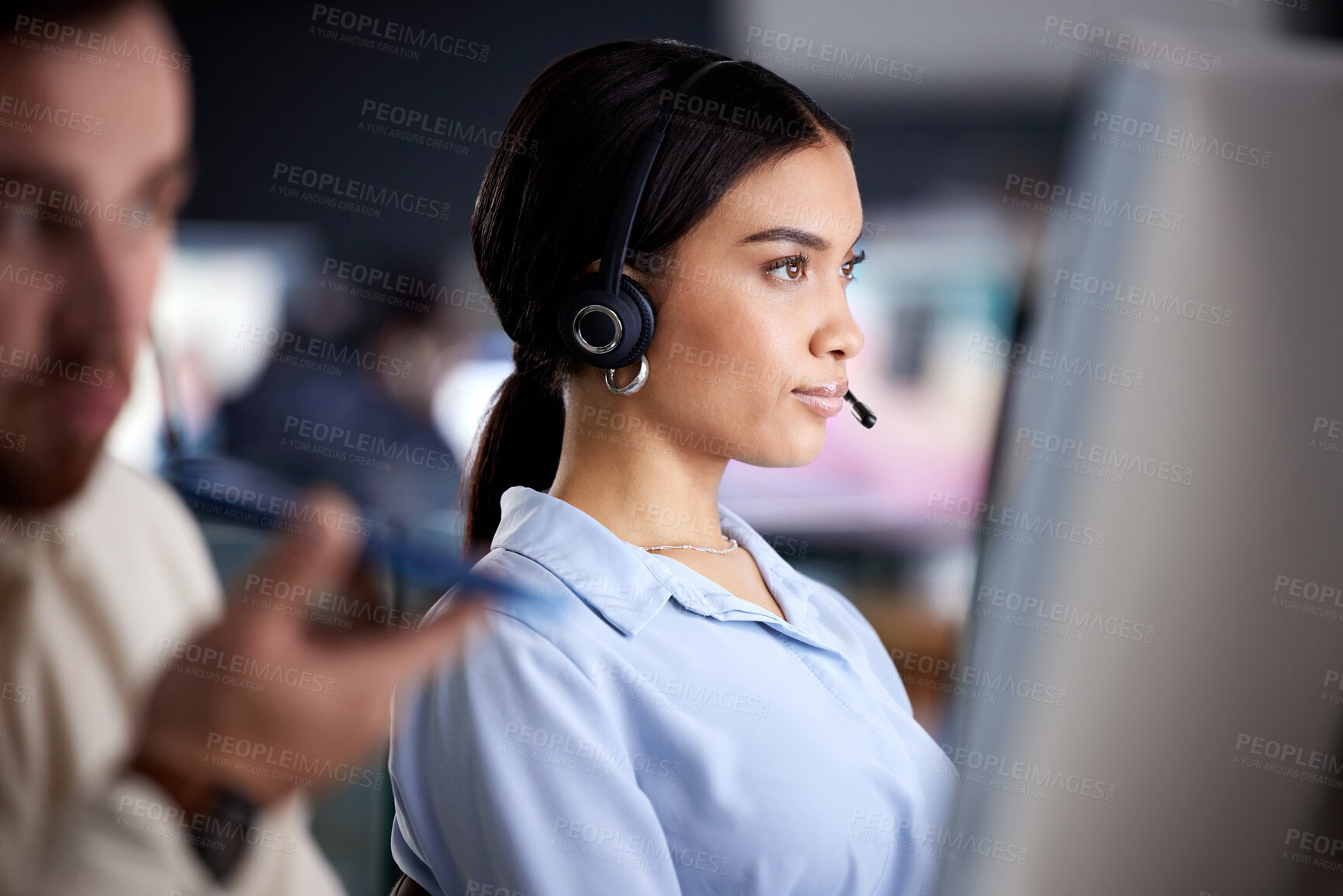 Buy stock photo Computer, call center and woman consultant in office for online crm telemarketing consultation. Contact us, technology and female agent with headset for technical support or customer service job.