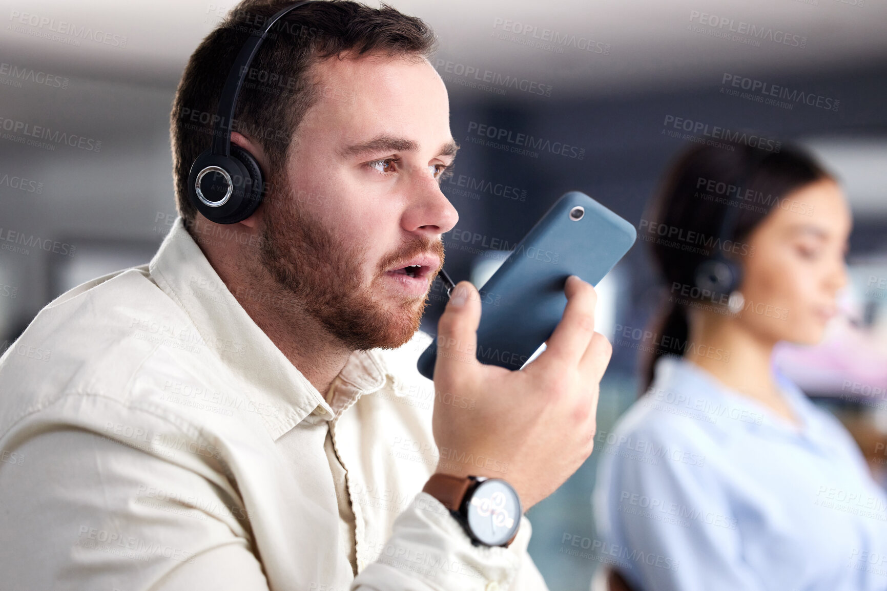 Buy stock photo Man, call center and smartphone with talking at office, communication or chat for telemarketing. People, consultant and financial advisor with phone, contact us or crm at help desk for client support