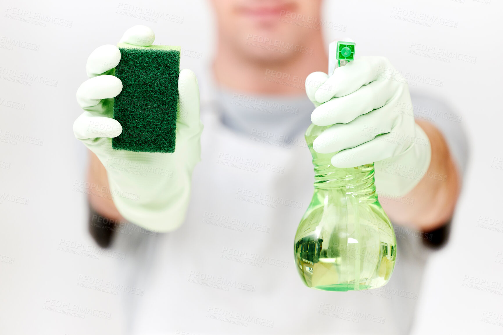 Buy stock photo Man, hands and cleaner or gloves with cleaning supplies in studio with spray bottle for maintenance, bacteria or housekeeping. Person, chemical liquid and sponge for housework on white background 