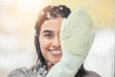Buy stock photo Happy woman, portrait or gloves for cleaning window in home maintenance for germ protection or bacteria. Hand, wipe or housekeeper ready for chores in apartment for wellness, hygiene or wet glass