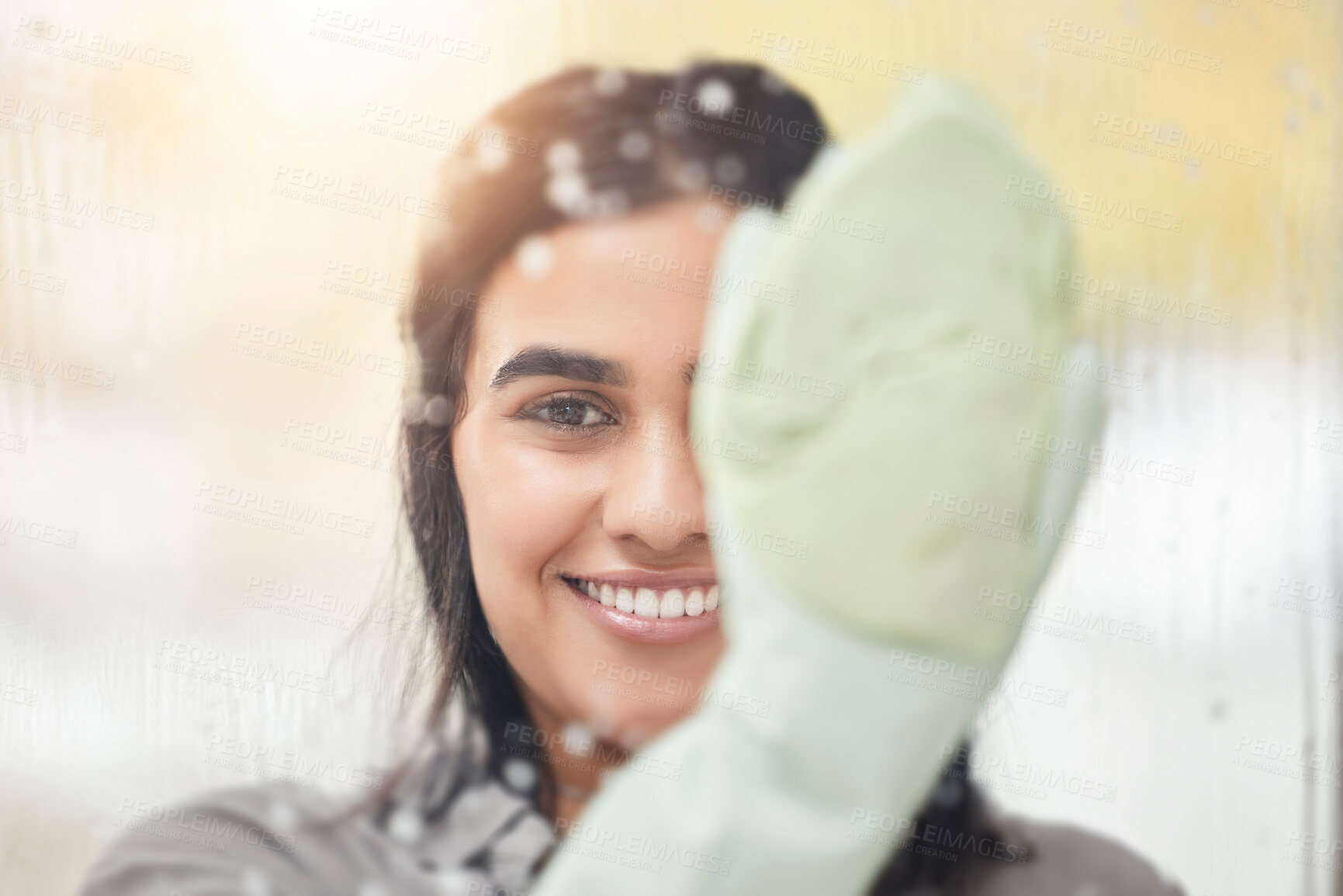 Buy stock photo Happy woman, portrait or gloves for cleaning window in home maintenance for germ protection or bacteria. Hand, wipe or housekeeper ready for chores in apartment for wellness, hygiene or wet glass