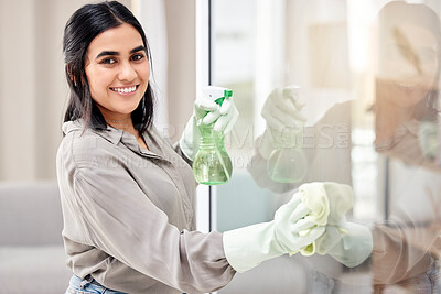 Buy stock photo Happy woman, portrait or gloves for cleaning glass in home maintenance for germ protection or bacteria. Smile, wipe or housekeeper with spray bottle in apartment for wellness, hygiene or window