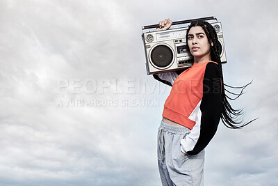 Buy stock photo Box, outdoor or woman with radio music in cool outfit or retro fashion in city and downtown urban area. Biracial female dancer, disco song audio and gen z girl with vintage style or funky clothes