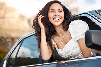 Buy stock photo Laugh, happy and woman by car window for travel, vacation and relax with air on summer adventure outdoor. Thinking, excited girl and transportation for road trip, journey or wind in hair on drive