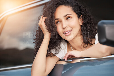 Buy stock photo Thinking, smile and woman by car window for travel, vacation and relax on summer adventure in motor vehicle for commute. Idea, happy girl and transportation for road trip, journey or drive in Dubai
